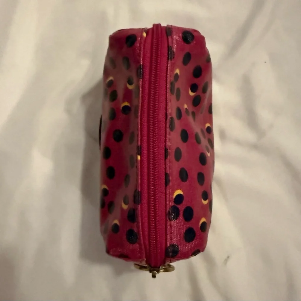 Like New Fossil Keyper Fuchsia Navy Polka Dot Coated Canvas Cosmetic Bag